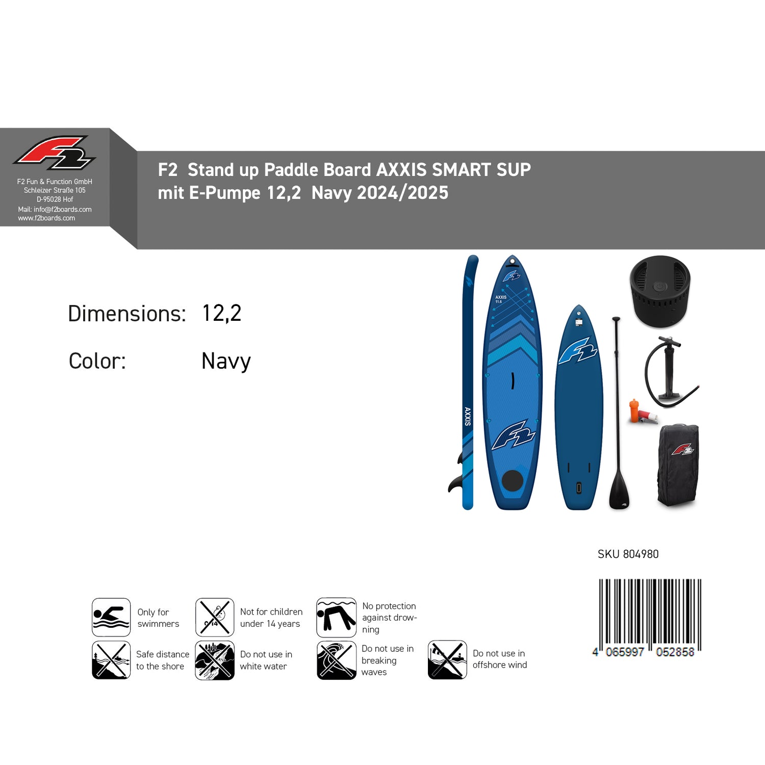 F2  Stand Up Paddle Board AXXIS SMART SUP mit E-Pumpe Größe wählbar Navy 2025