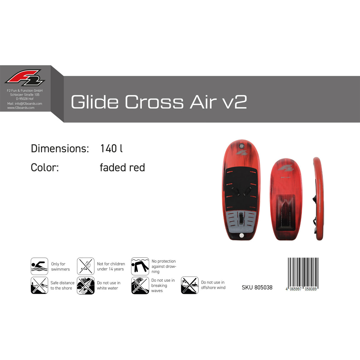 F2 Foil Board Glide Cross Air 90-160L Größe wählbar Rot