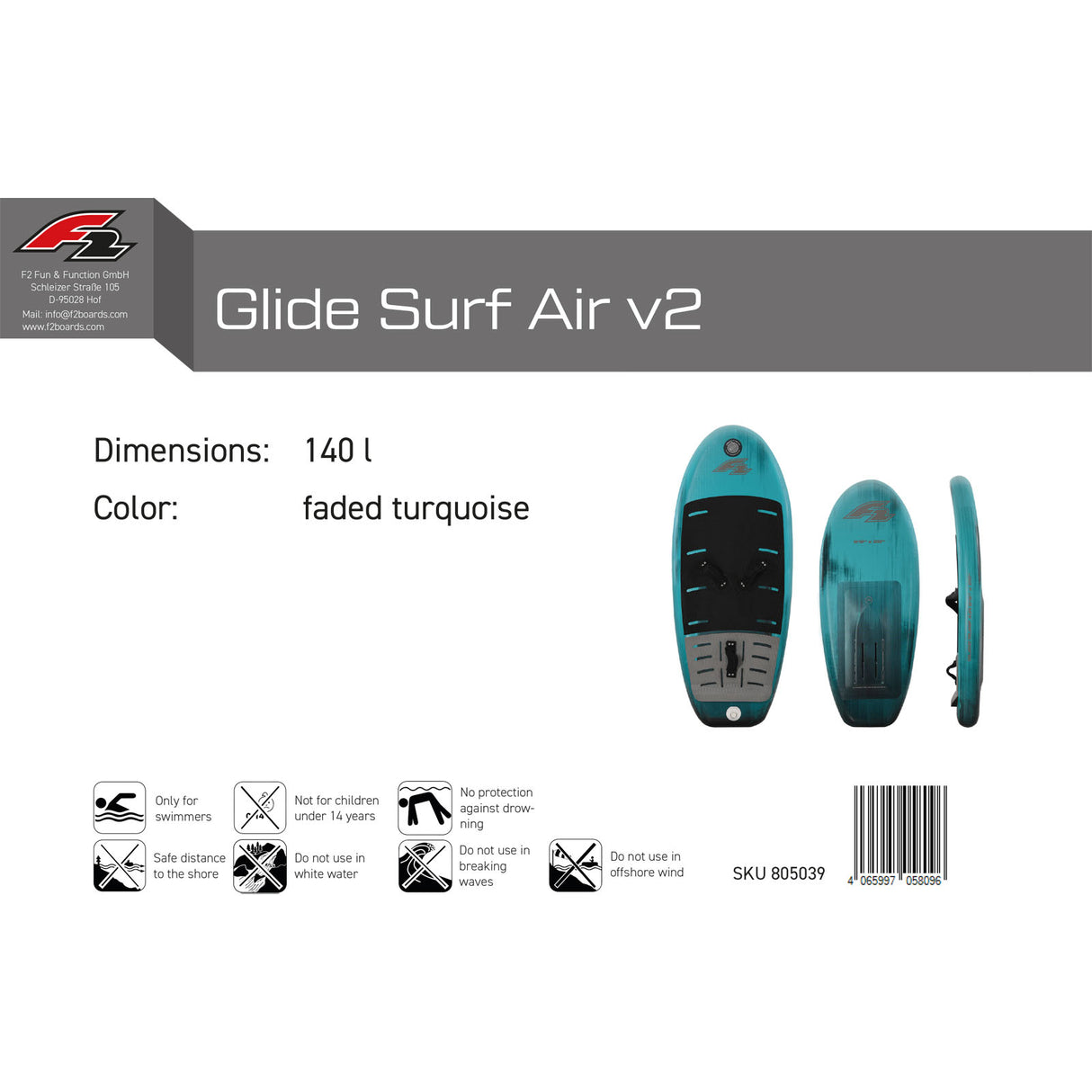 F2 Foil Board Glide Surf Air 120-160L Größe wählbar Türkis