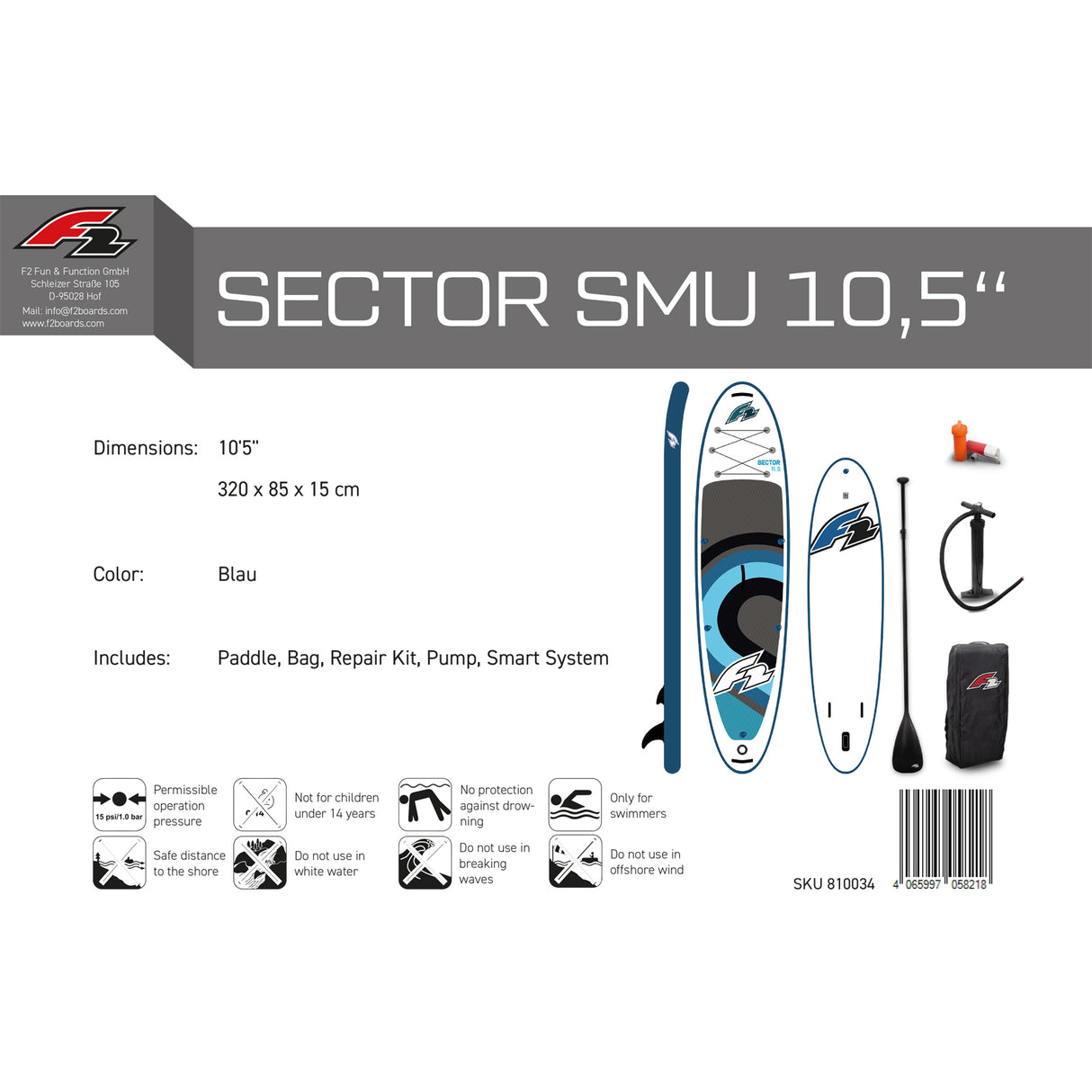 F2 SUP Stand Up Paddle Board Sector SMU Blau - Größe wählbar
