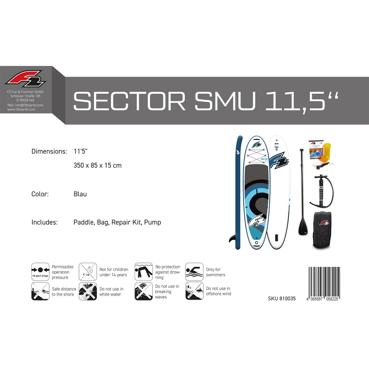 F2 SUP Stand Up Paddle Board Sector SMU Blau - Größe wählbar