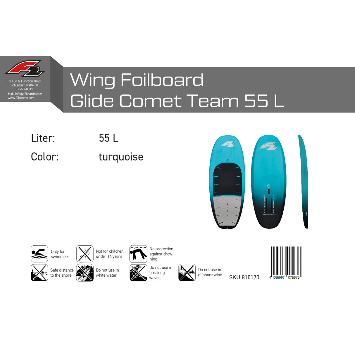 F2 Wing Foilboard Glide Comet Team Foil Board Türkis - Größe wählbar