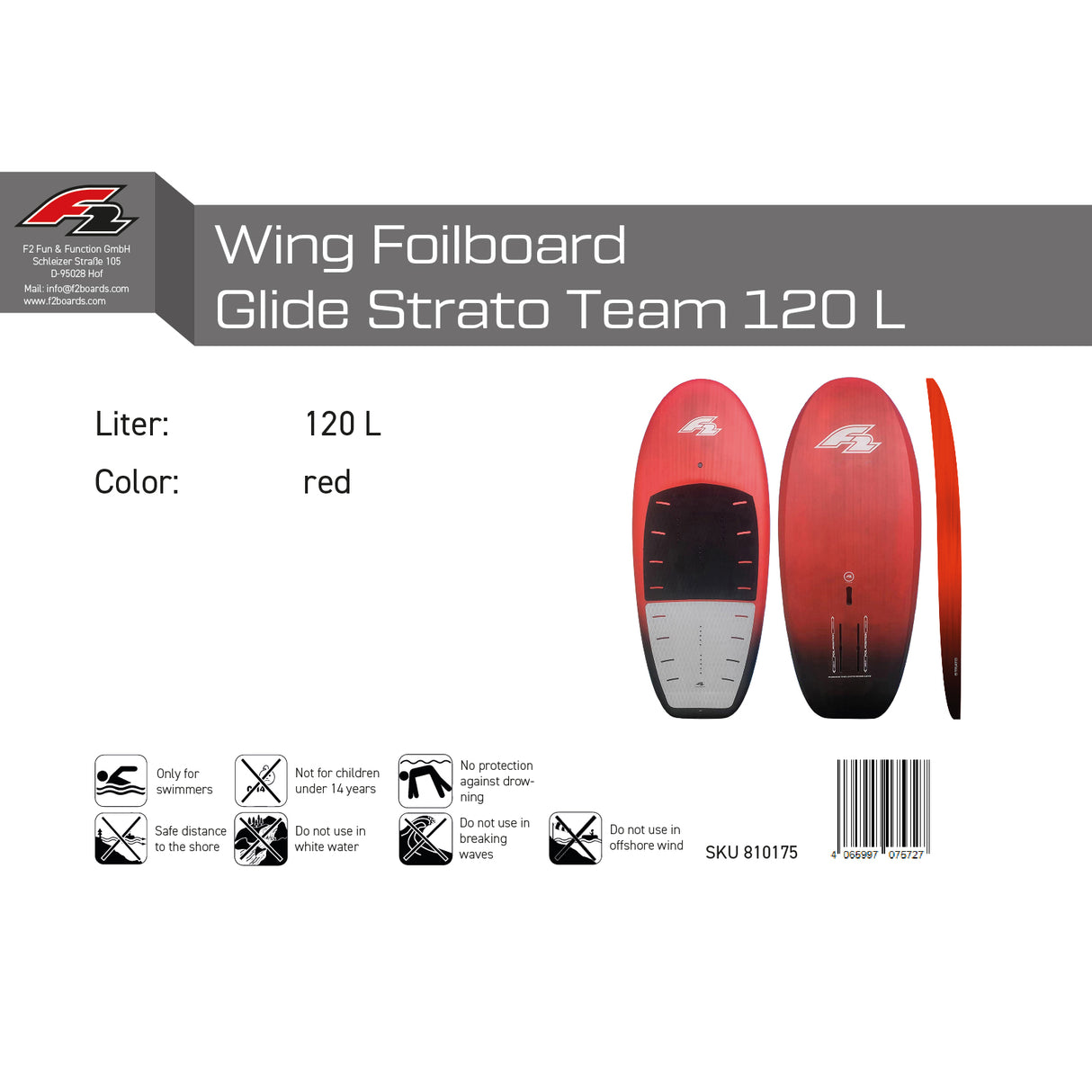 F2 Wing Foilboard Glide Strato Team Foil Board 120L Rot