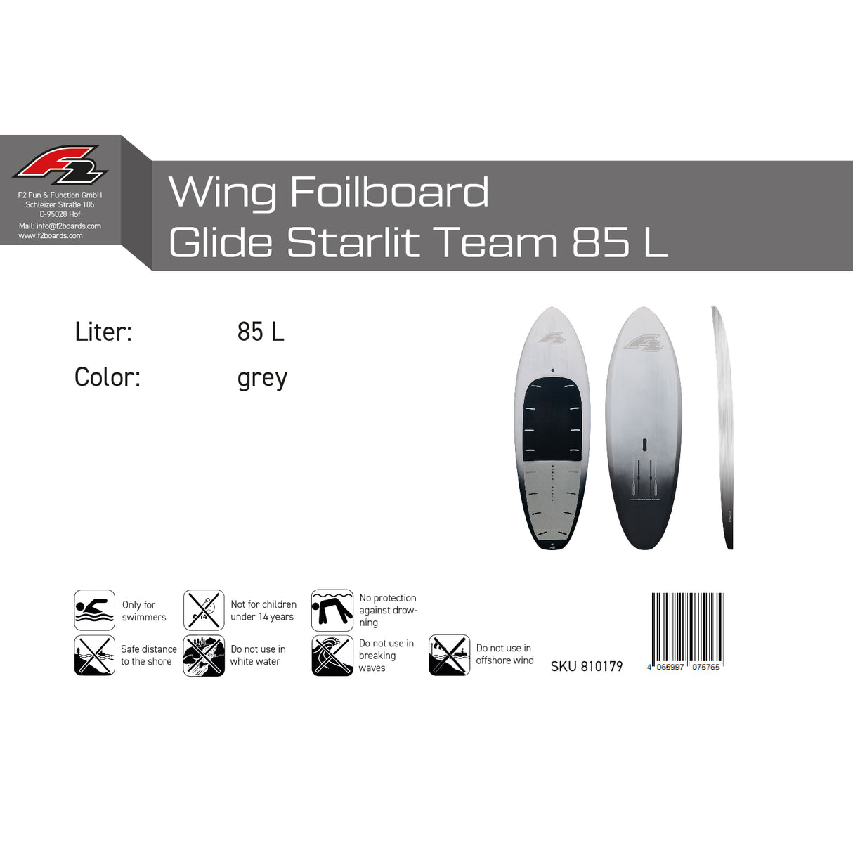 F2 Wing Foilboard Glide Starlit Team Foil Board Grau - Größe wählbar