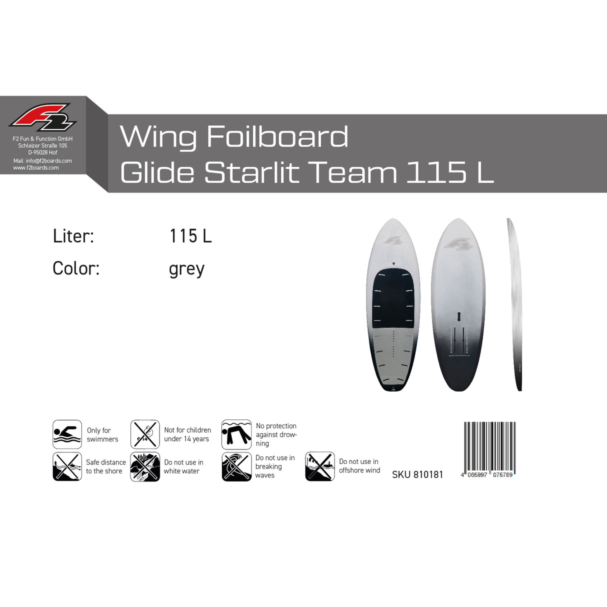 F2 Wing Foilboard Glide Starlit Team Foil Board Grau - Größe wählbar