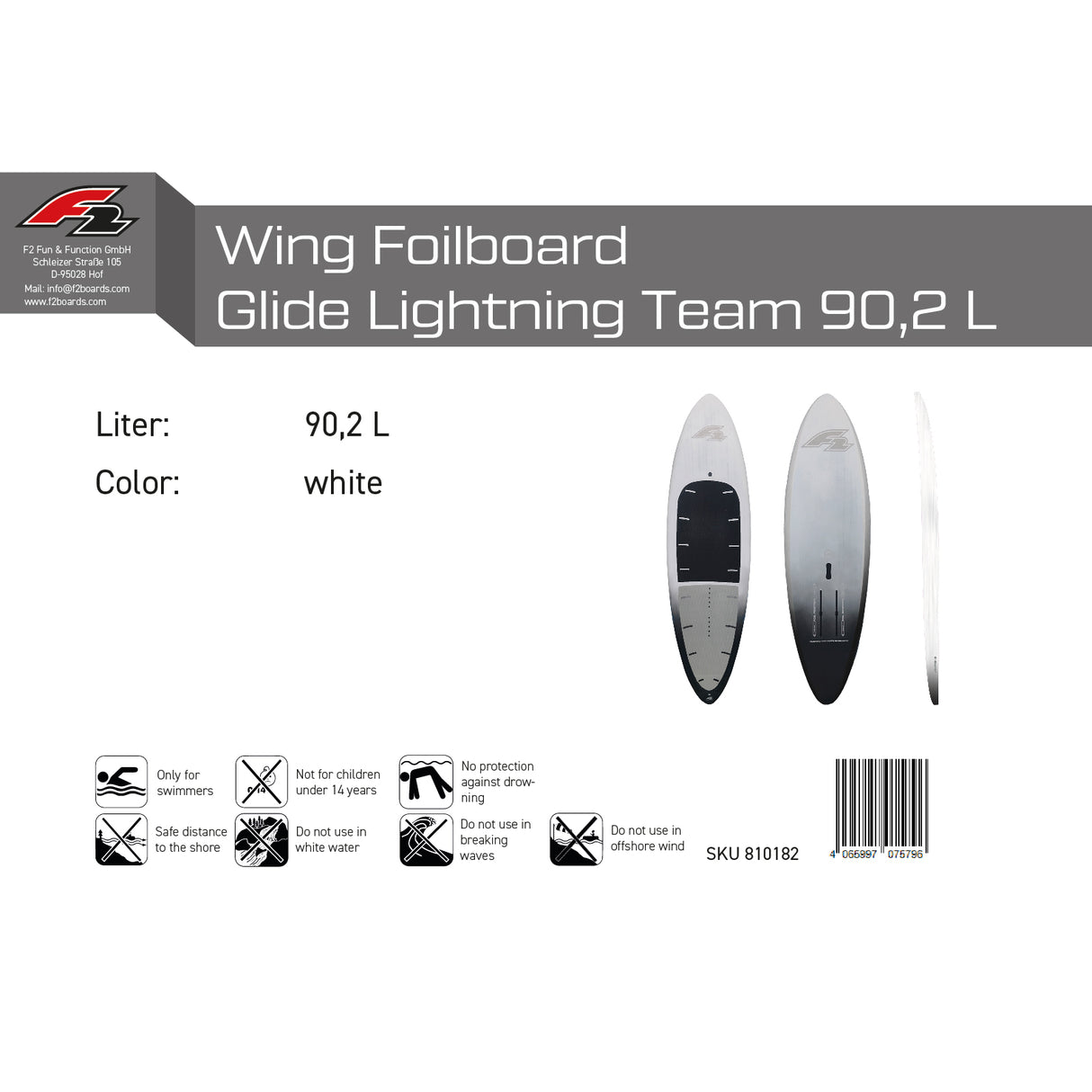 F2 Wing Foilboard Glide Lightning Team Foil Board Weiß - Größe wählbar