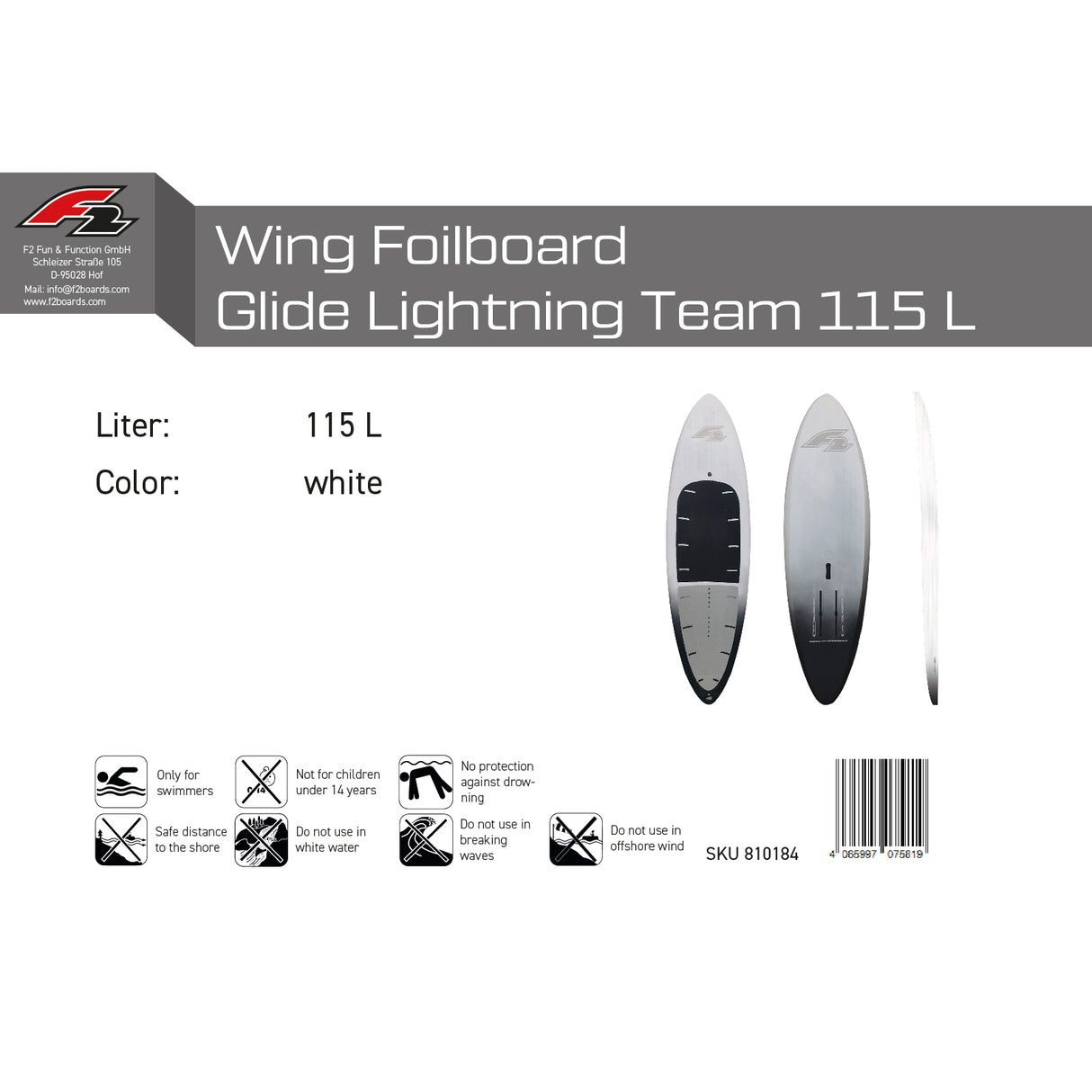 F2 Wing Foilboard Glide Lightning Team Foil Board Weiß - Größe wählbar