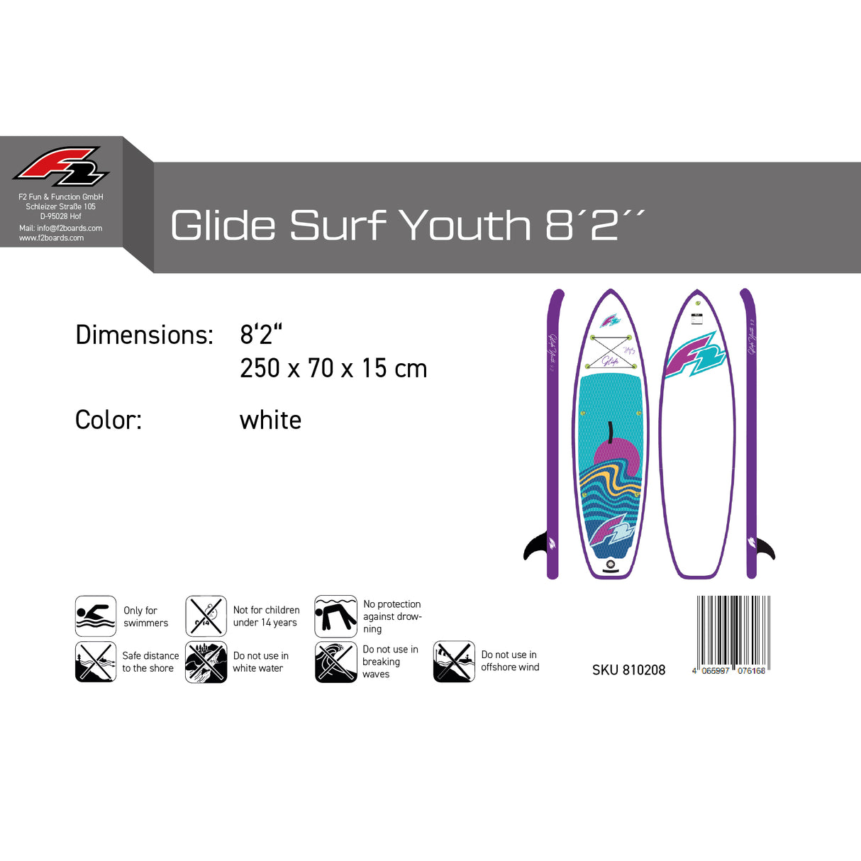 F2 SUP Stand Up Paddle Board Glide Surf Youth Weiss - Größe wählbar