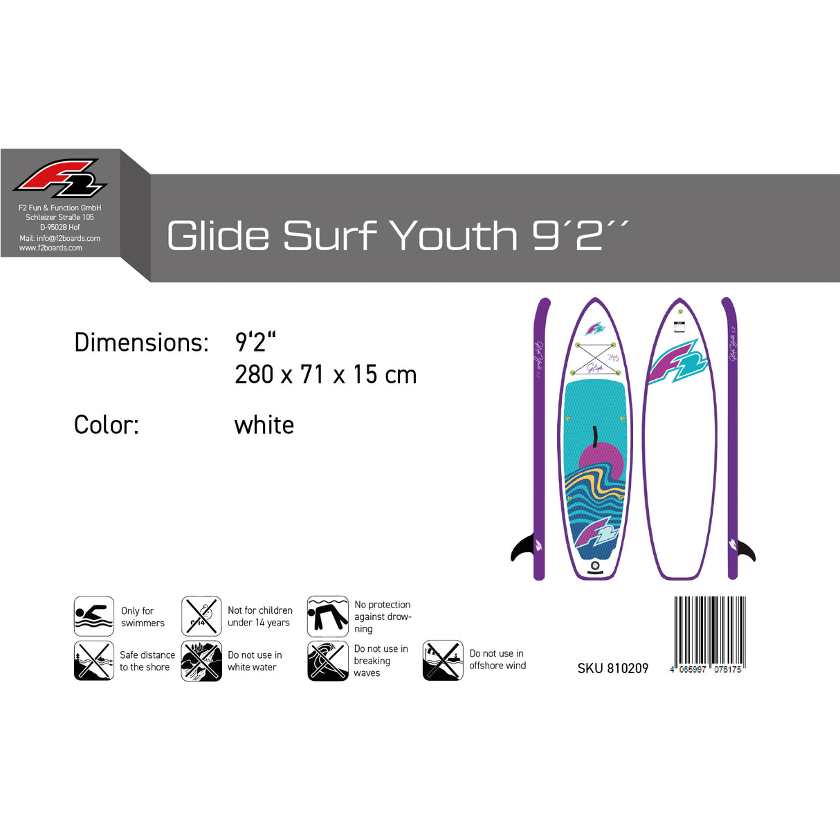 F2 SUP Stand Up Paddle Board Glide Surf Youth Weiss - Größe wählbar