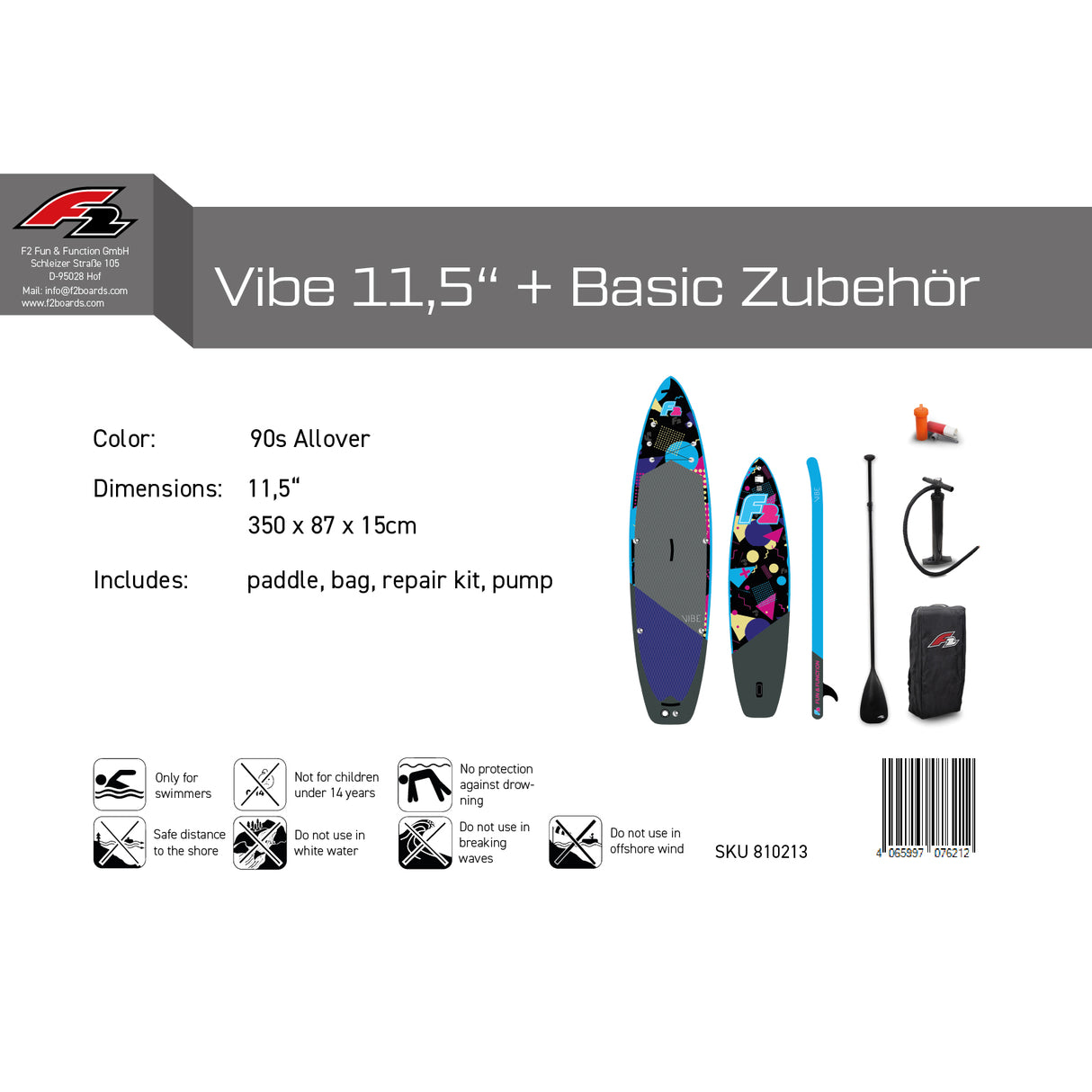 F2 SUP Stand Up Paddle Board Retro Vibe Multicolor Damen-Größe wählbar