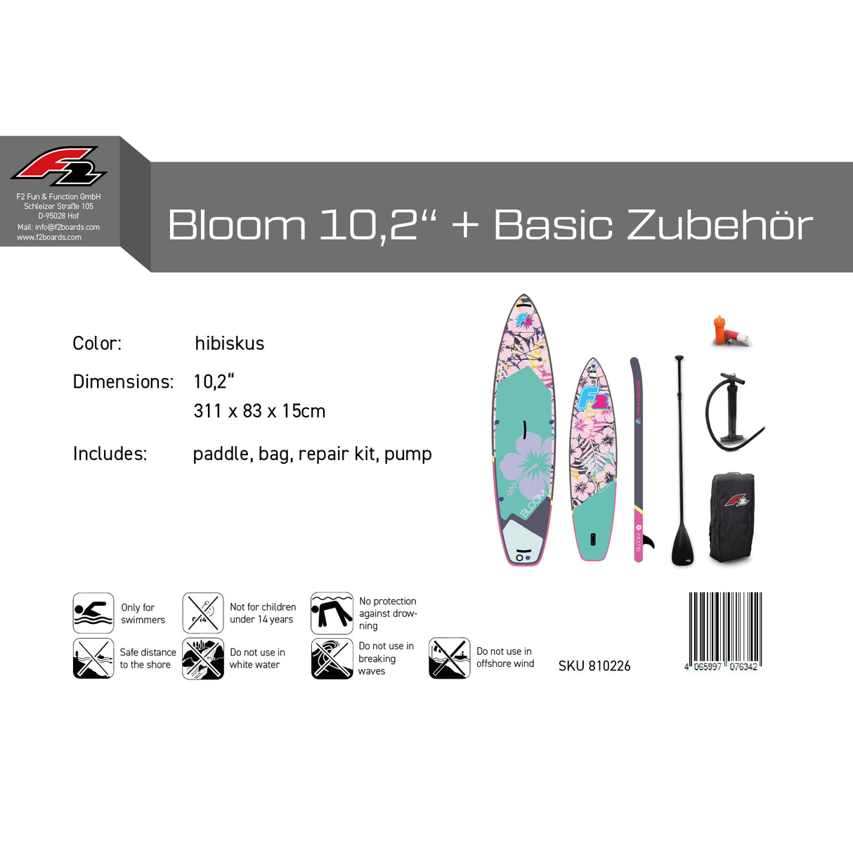 F2 SUP Stand Up Paddle Board Retro Bloom Hibiskus Damen-Größe wählbar