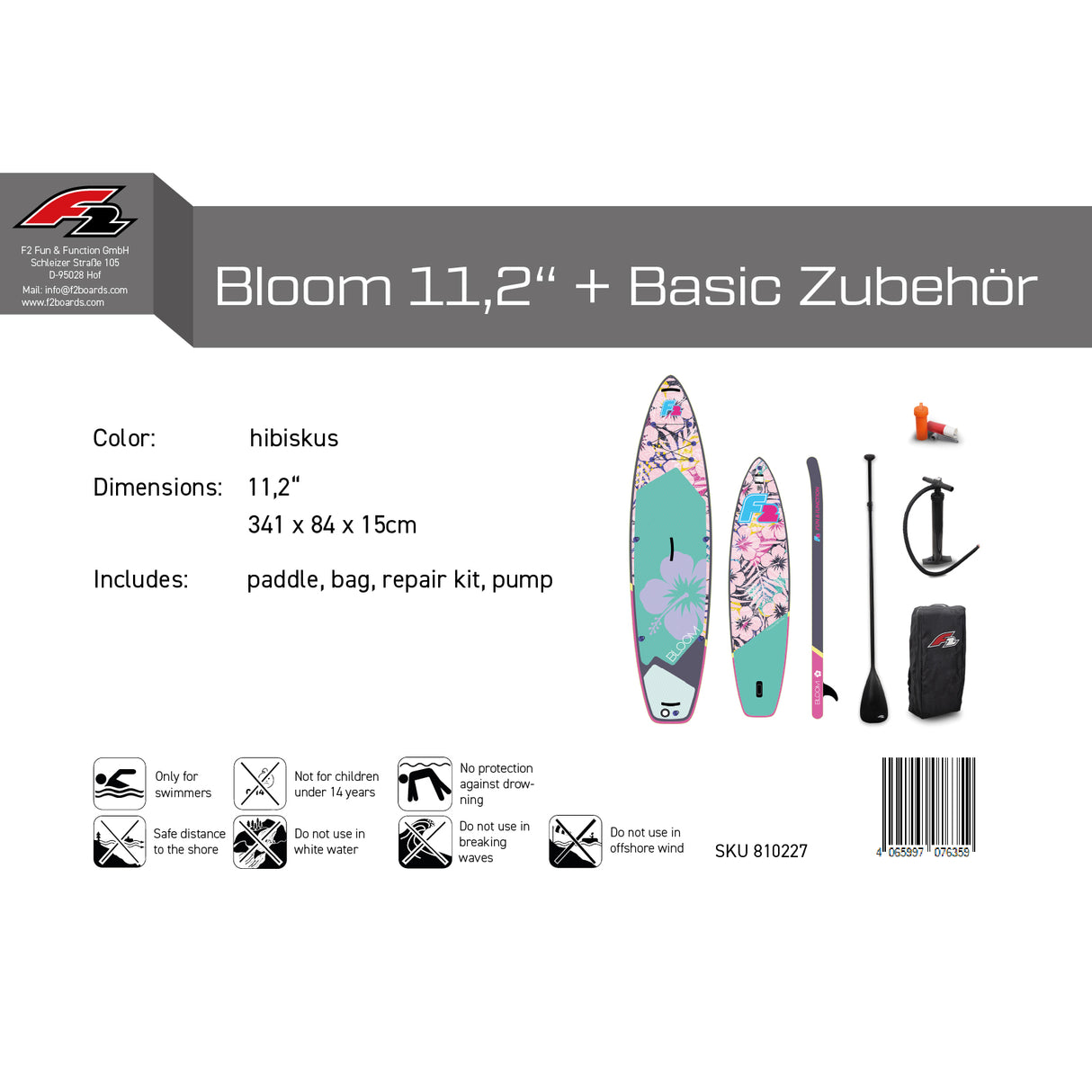 F2 SUP Stand Up Paddle Board Retro Bloom Hibiskus Damen-Größe wählbar