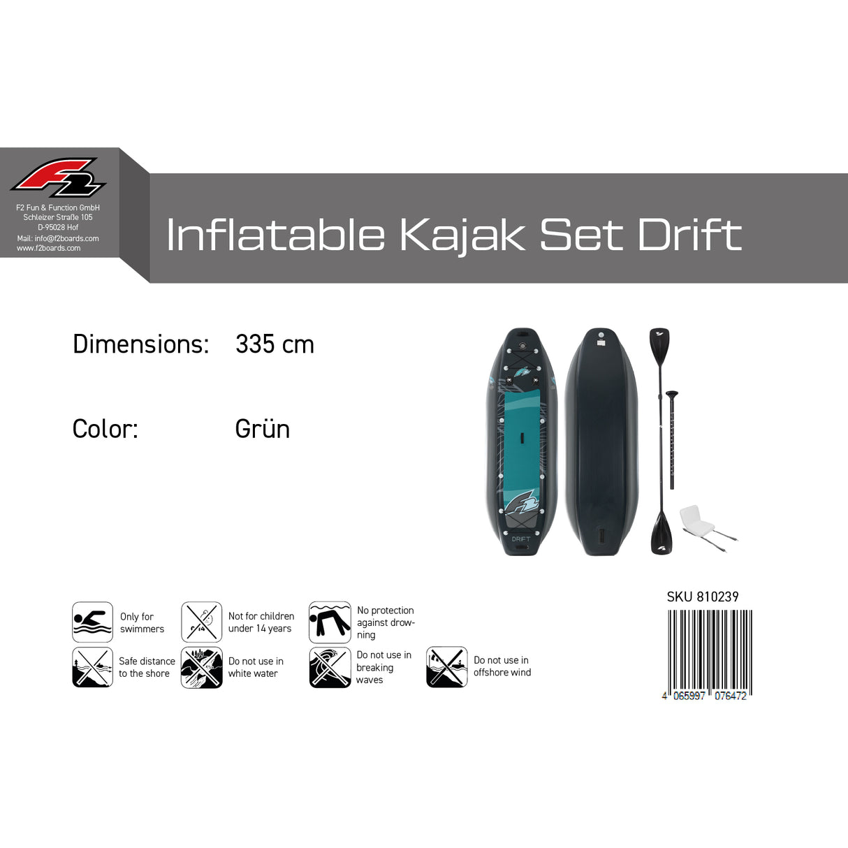 F2 Inflatable Kajak Set Drift Aufblasbar 335cm Grün