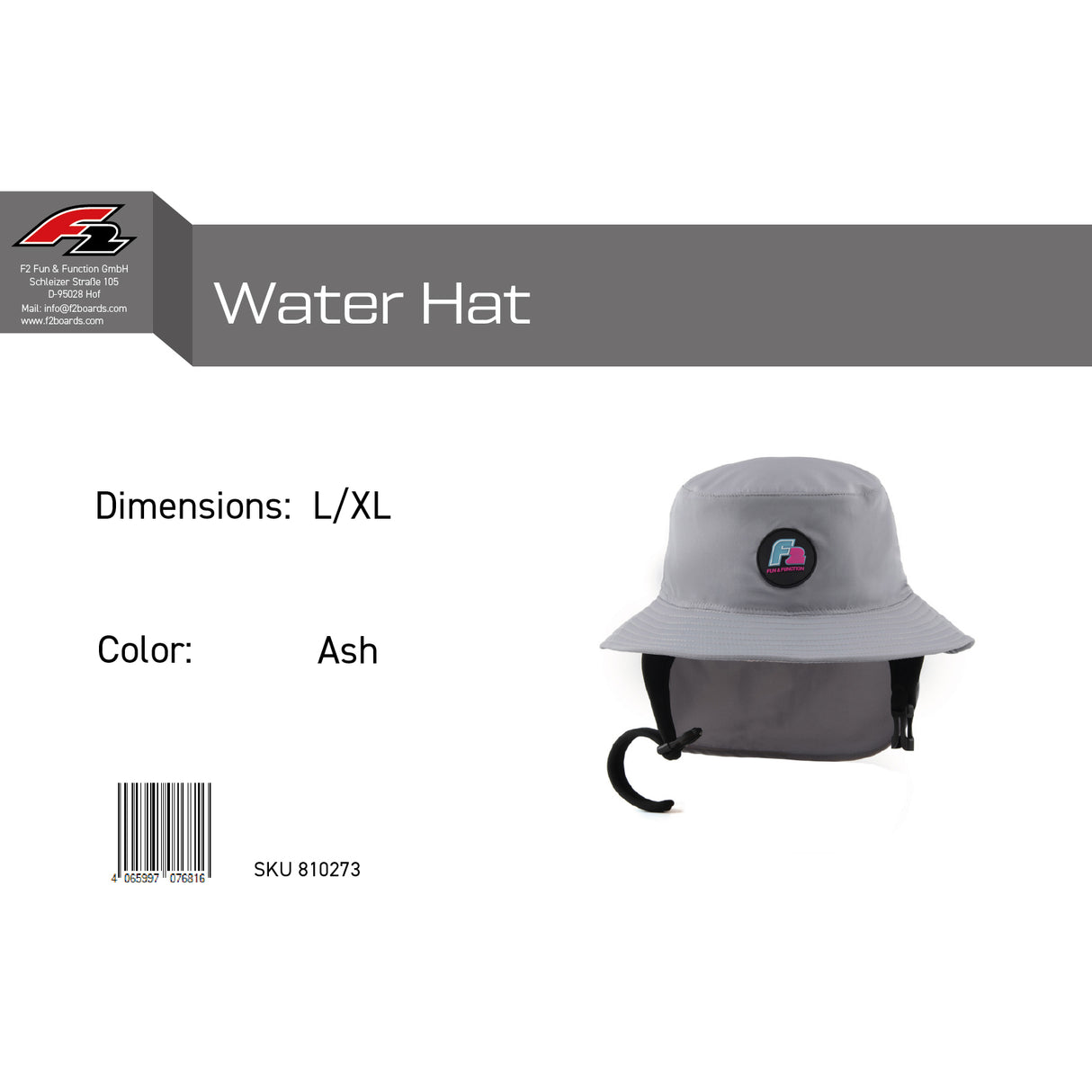 F2 Retro Water Hat Ash Wasser Hut Mütze - Größe wählbar