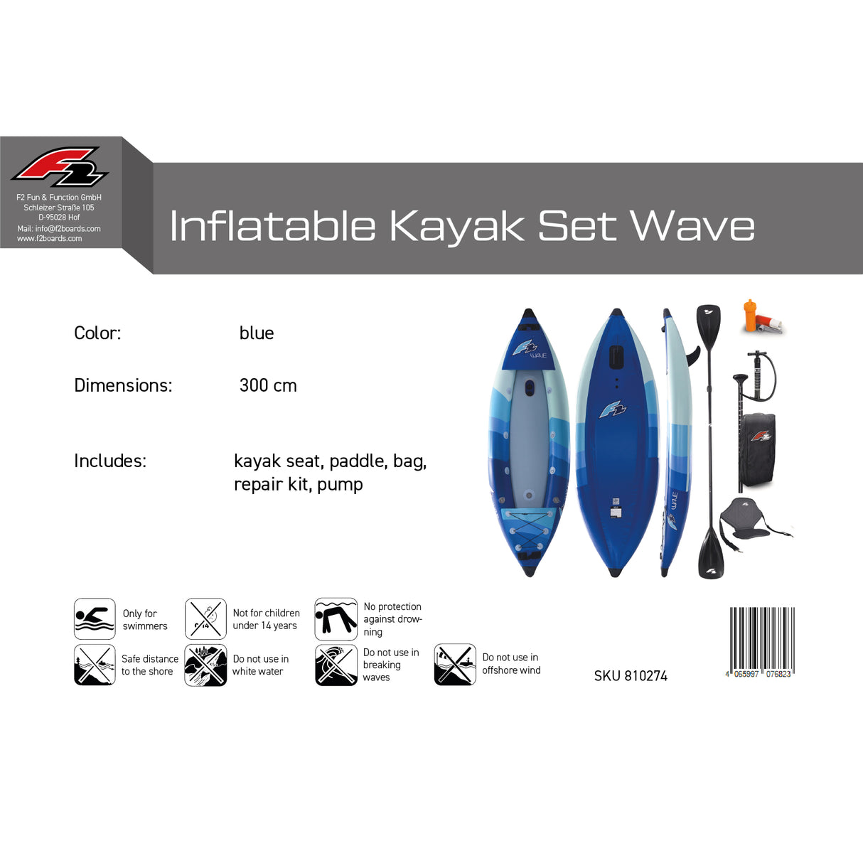F2 Inflatable Kajak Set Wave 1 Sitzer Aufblasbar 300cm Blau