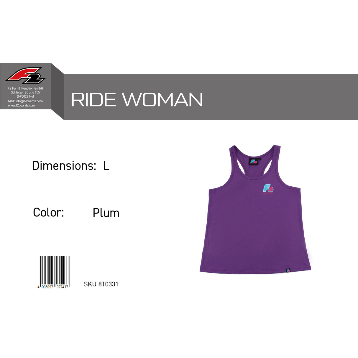 F2 Retro Tank Top Ride Plum Damen Tshirt Ärmellos Tanktop Lila - Größe wählbar