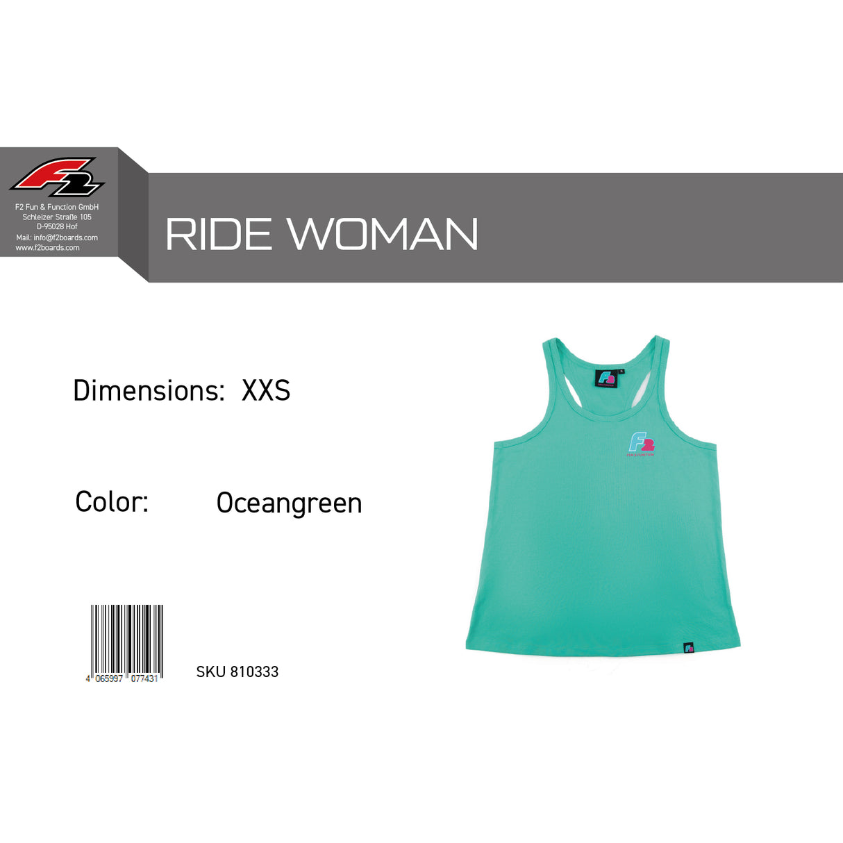 F2 Retro Tank Top Ride Oceangreen Damen Tshirt Ärmellos Türkis - Größe wählbar