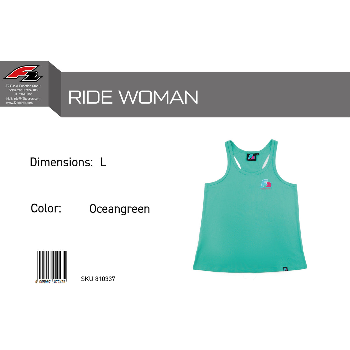 F2 Retro Tank Top Ride Oceangreen Damen Tshirt Ärmellos Türkis - Größe wählbar
