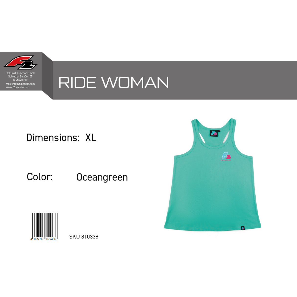 F2 Retro Tank Top Ride Oceangreen Damen Tshirt Ärmellos Türkis - Größe wählbar