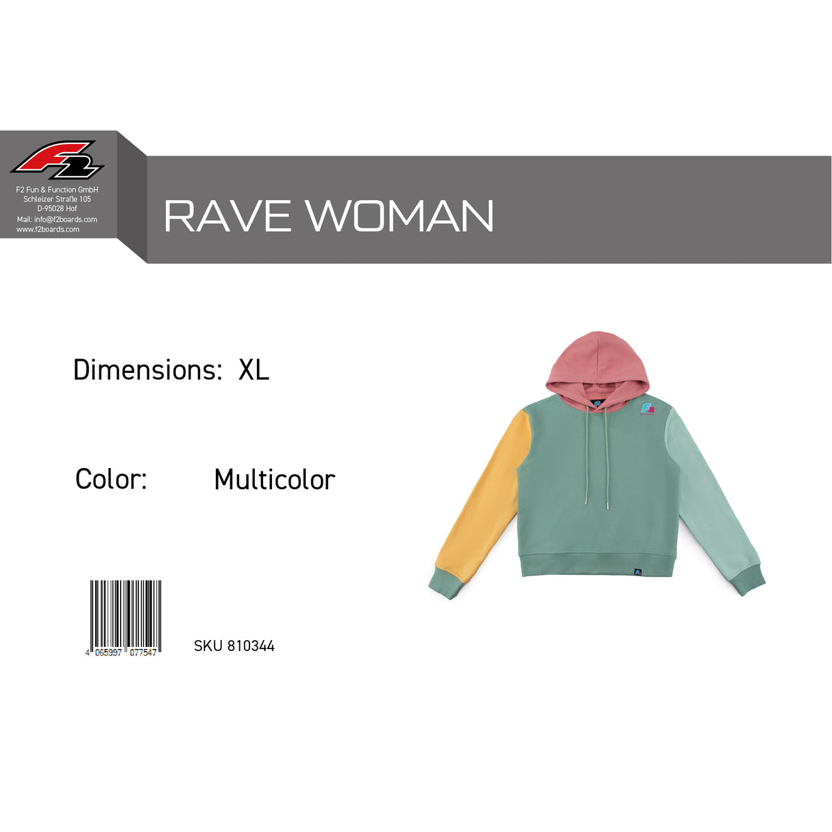 F2 Retro Rave Hoodie Damen Sweatshirt Pullover Multicolor - Größe wählbar