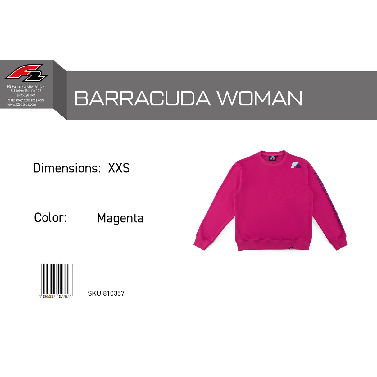 F2 Retro Barracuda Pullover Damen Magenta - Größe wählbar