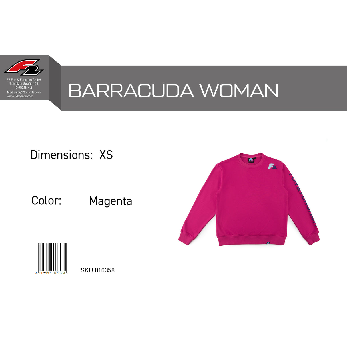 F2 Retro Barracuda Pullover Damen Magenta - Größe wählbar