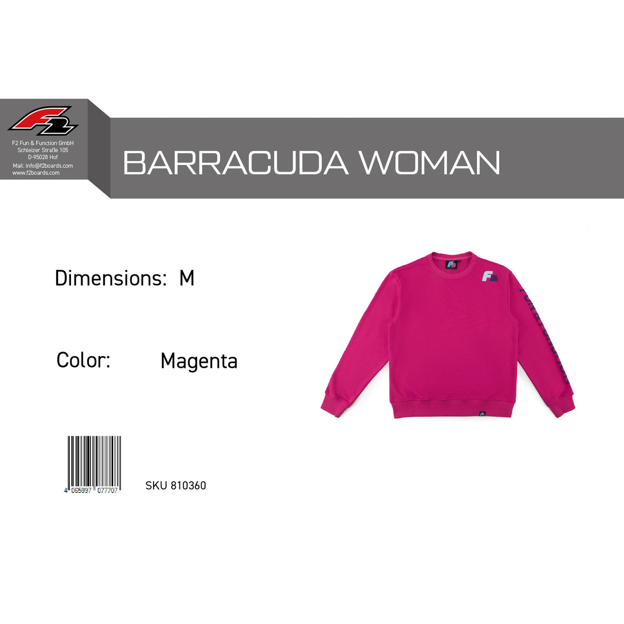 F2 Retro Barracuda Pullover Damen Magenta - Größe wählbar