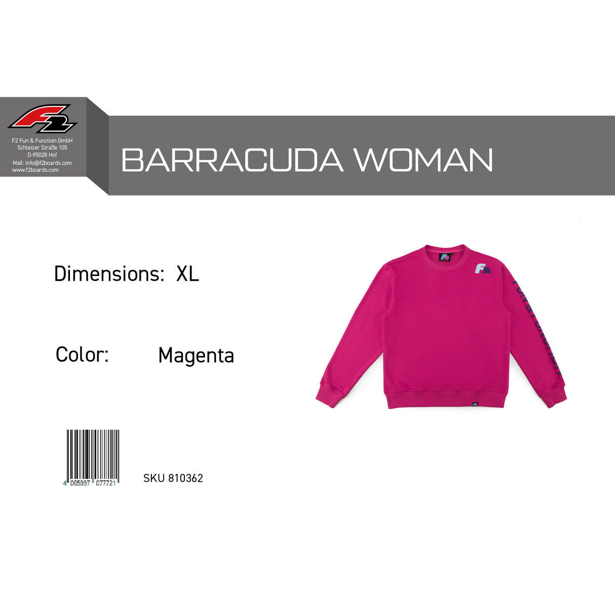 F2 Retro Barracuda Pullover Damen Magenta - Größe wählbar