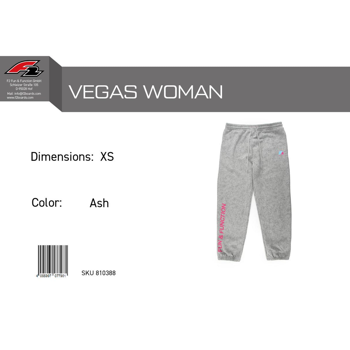 F2 Retro Vegas Jogginghose Ash Damen Grau - Größe wählbar