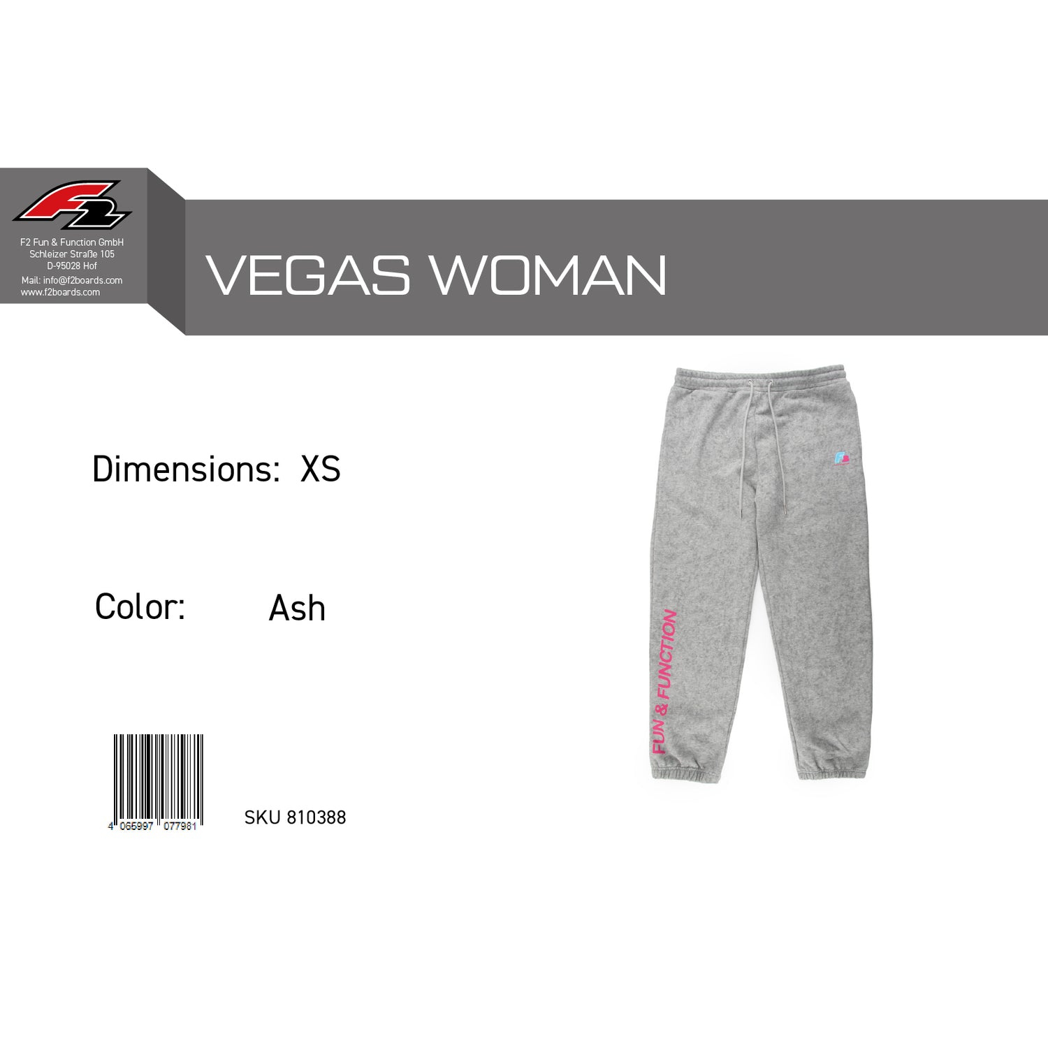 F2 Retro Vegas Jogginghose Ash Damen Grau - Größe wählbar