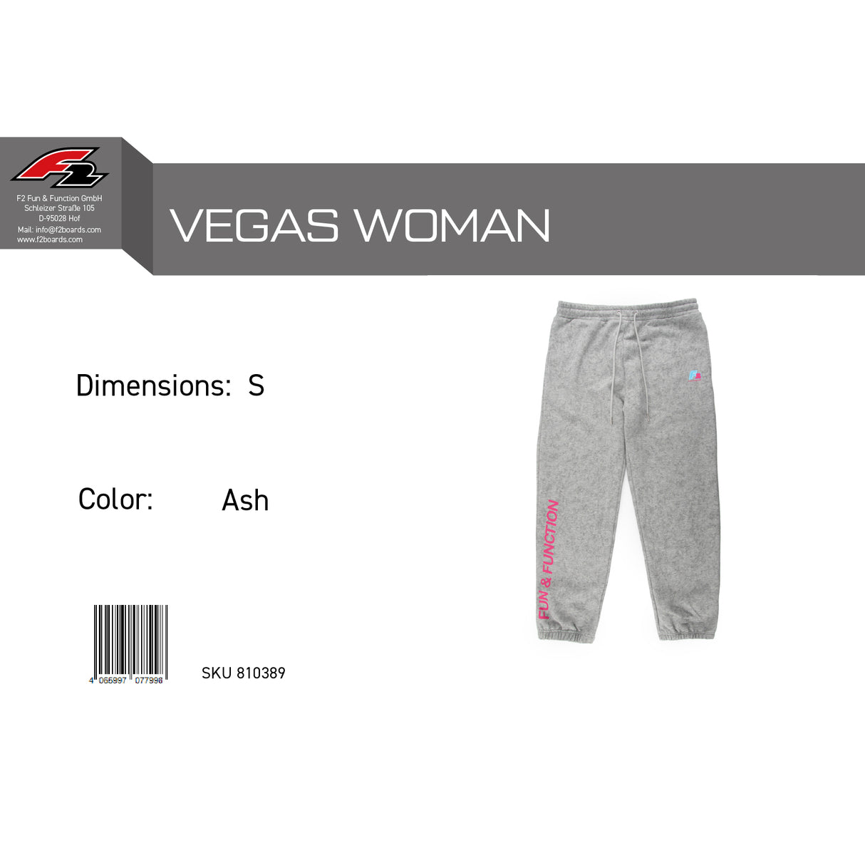 F2 Retro Vegas Jogginghose Ash Damen Grau - Größe wählbar