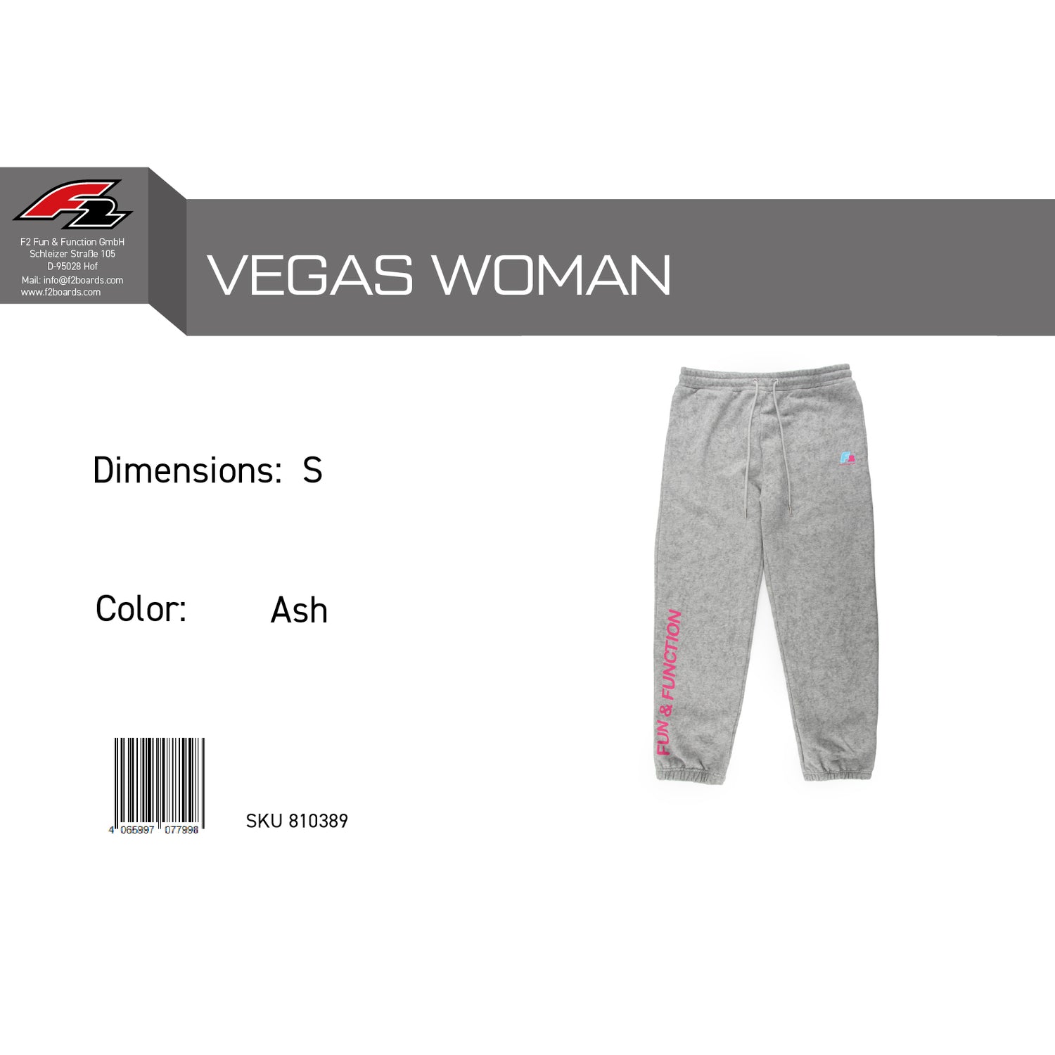 F2 Retro Vegas Jogginghose Ash Damen Grau - Größe wählbar