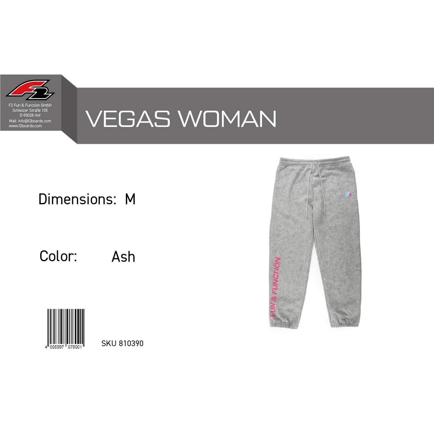 F2 Retro Vegas Jogginghose Ash Damen Grau - Größe wählbar