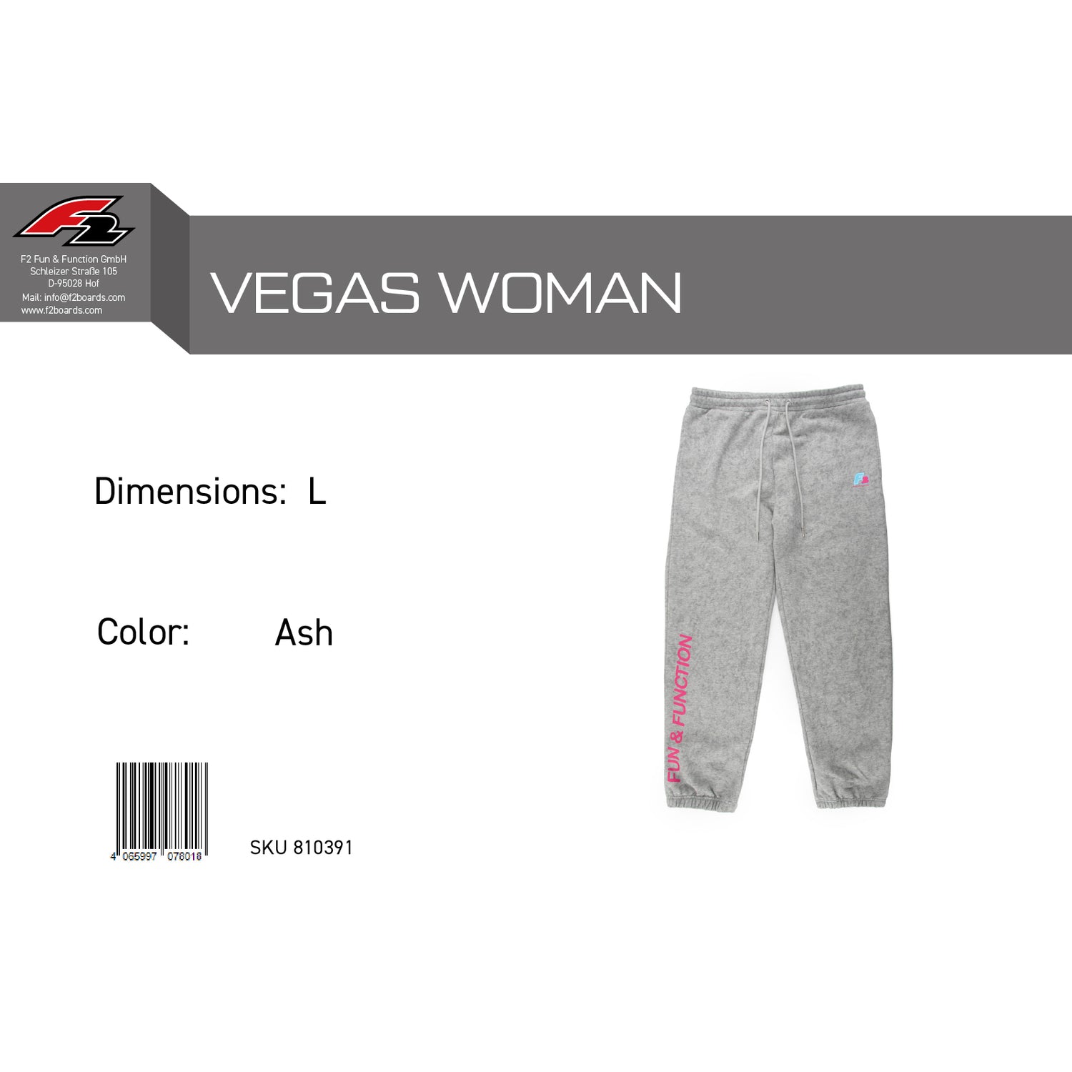 F2 Retro Vegas Jogginghose Ash Damen Grau - Größe wählbar