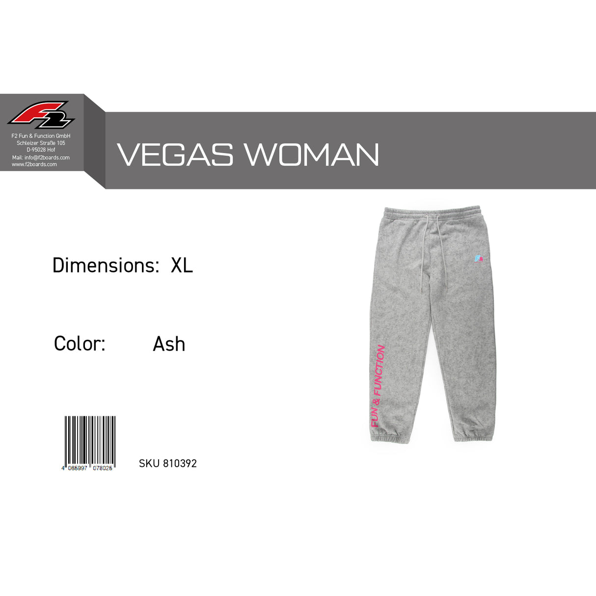 F2 Retro Vegas Jogginghose Ash Damen Grau - Größe wählbar