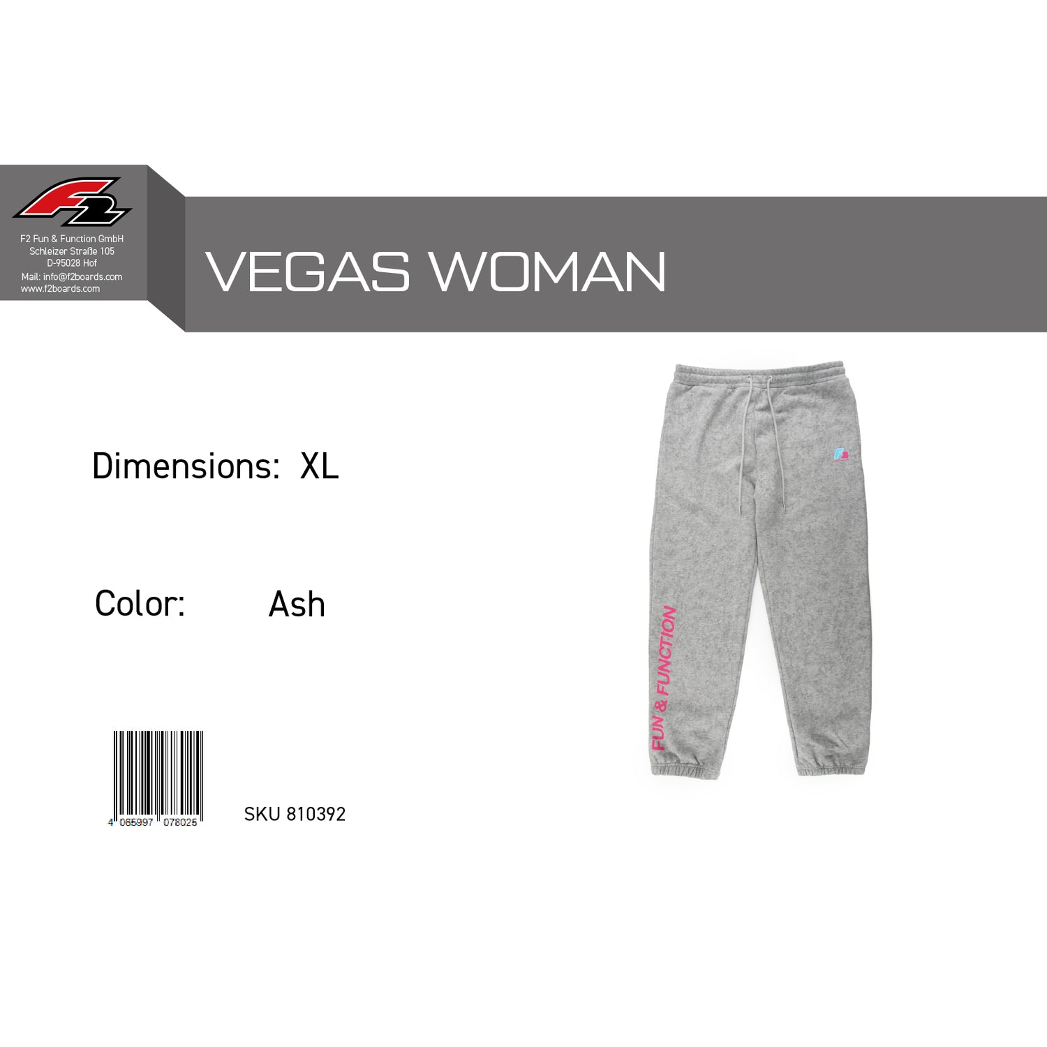 F2 Retro Vegas Jogginghose Ash Damen Grau - Größe wählbar