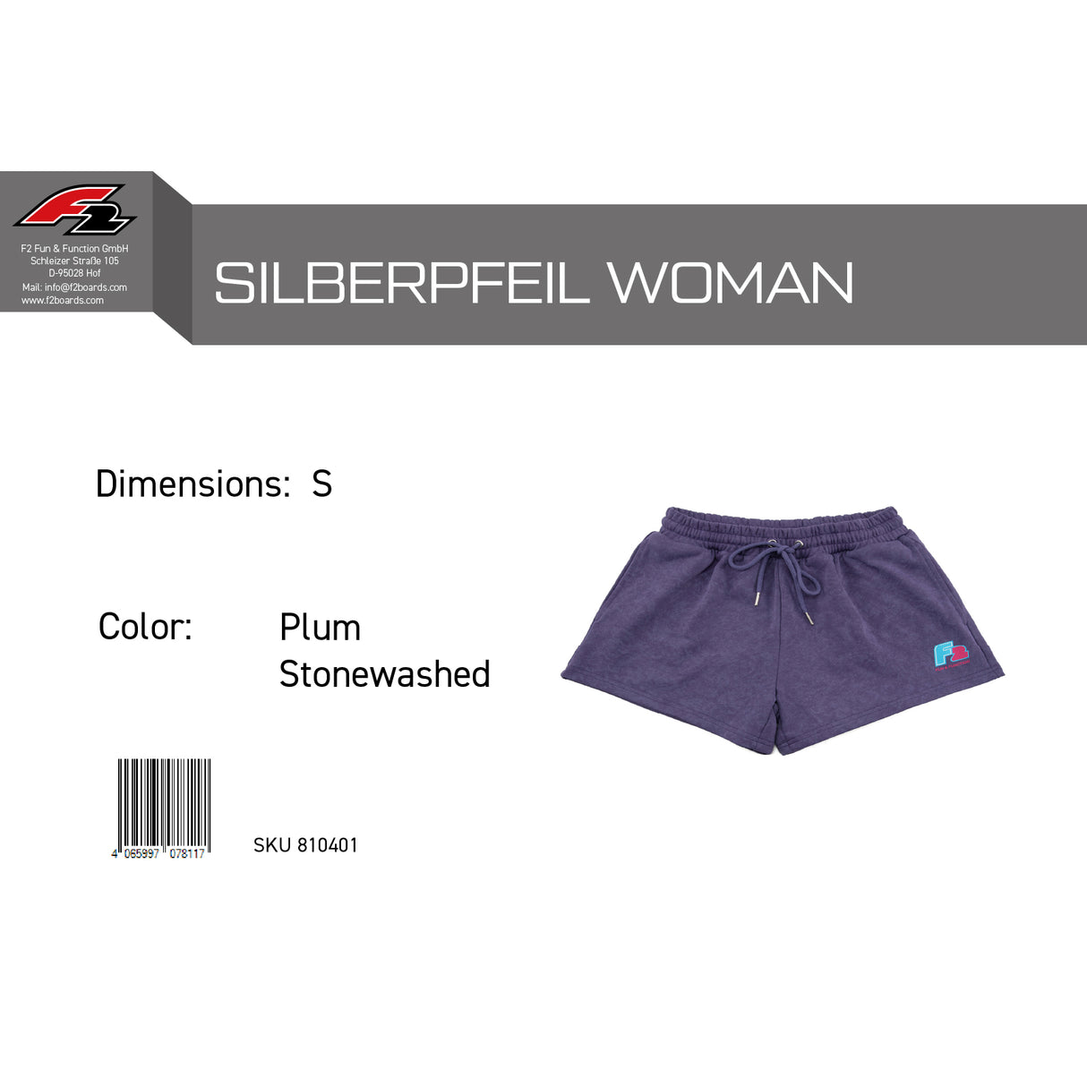 F2 Retro Silberpfeil Shorts Plum Stonewashed Damen Sweatshorts - Größe wählbar