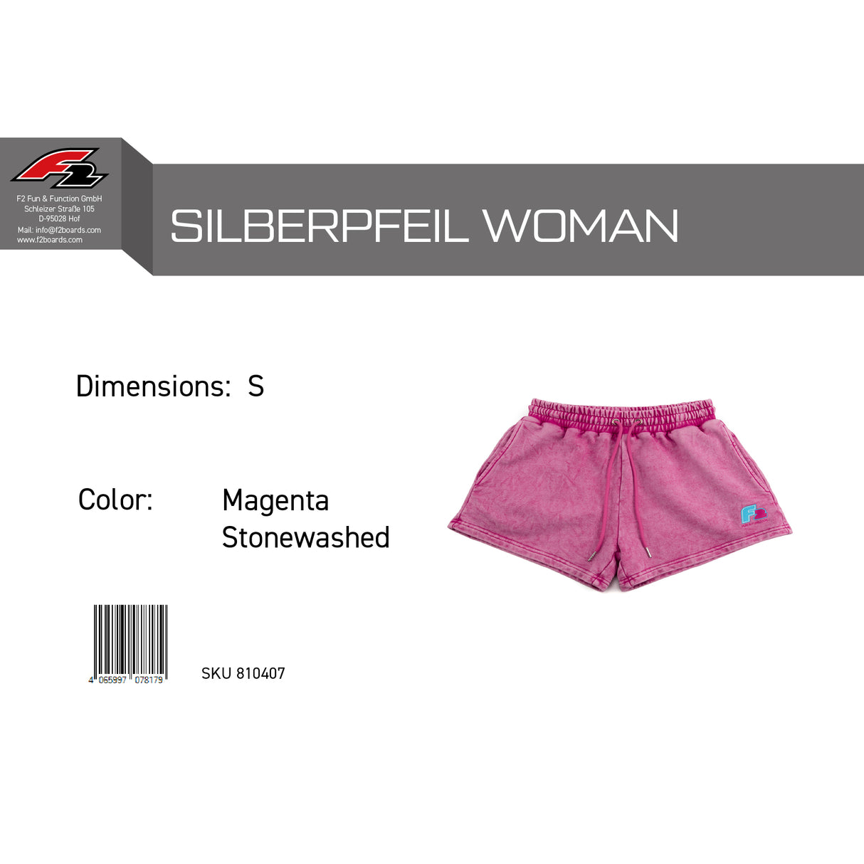 F2 Retro Silberpfeil Shorts Magenta Stonewashed Damen Sweatshorts - Größe wählbar
