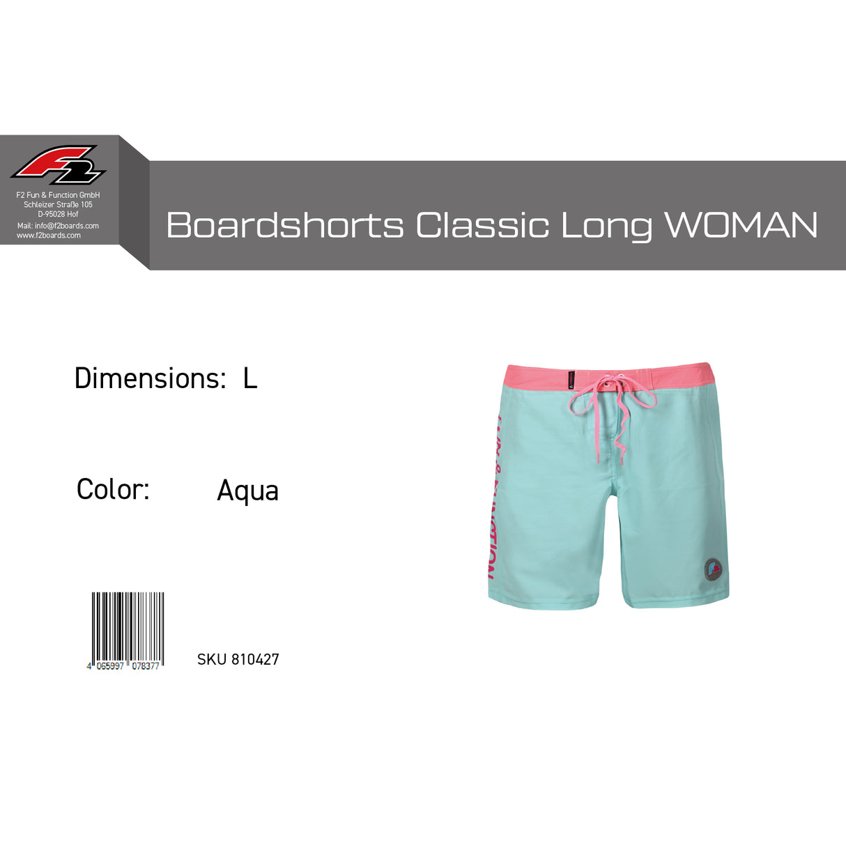 F2 Retro Boardshorts Classic Long Aqua Damen Badeshorts Lang - Größe wählbar