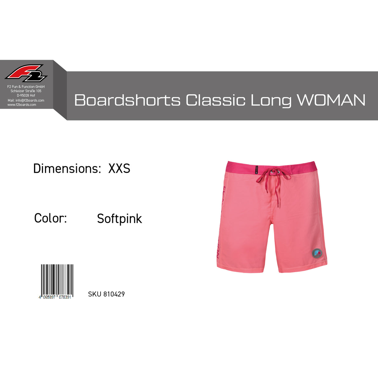 F2 Retro Boardshorts Classic Long Softpink Damen Badeshorts Lang - Größe wählbar