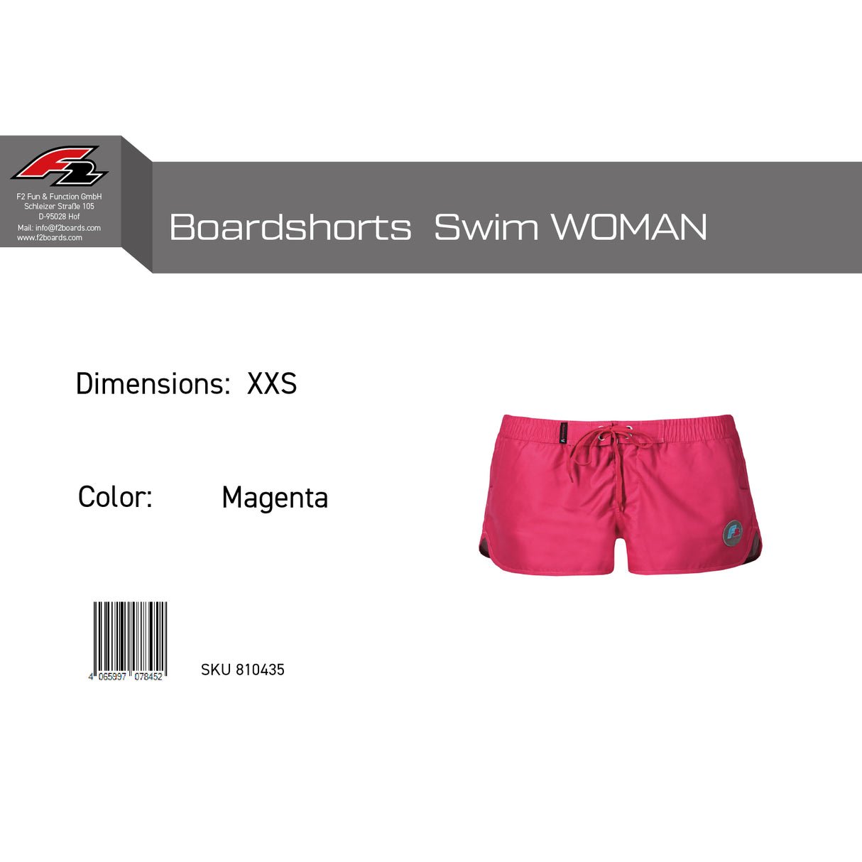F2 Retro Boardshorts Swim Damen Badeshorts Kurz Magenta - Größe wählbar