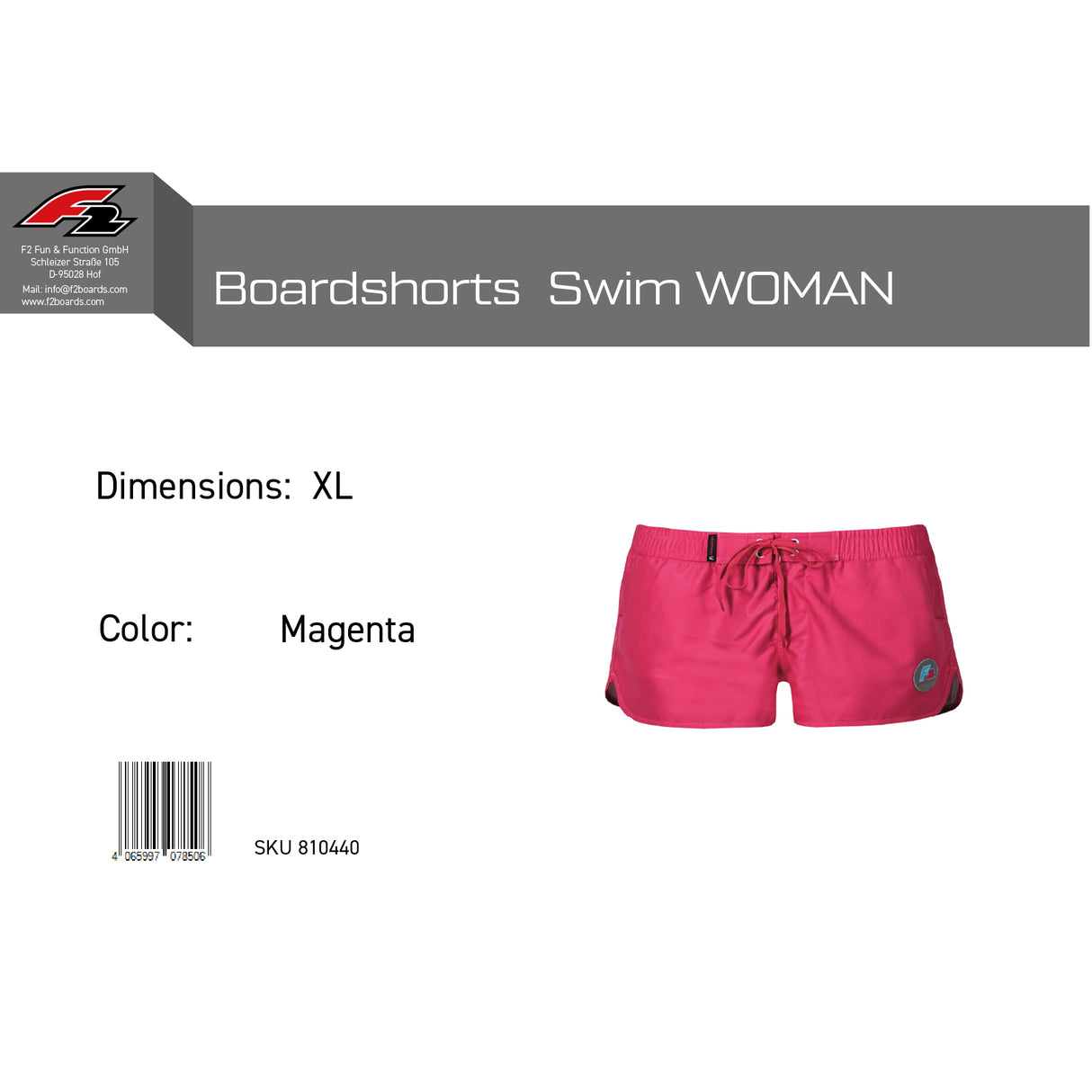 F2 Retro Boardshorts Swim Damen Badeshorts Kurz Magenta - Größe wählbar