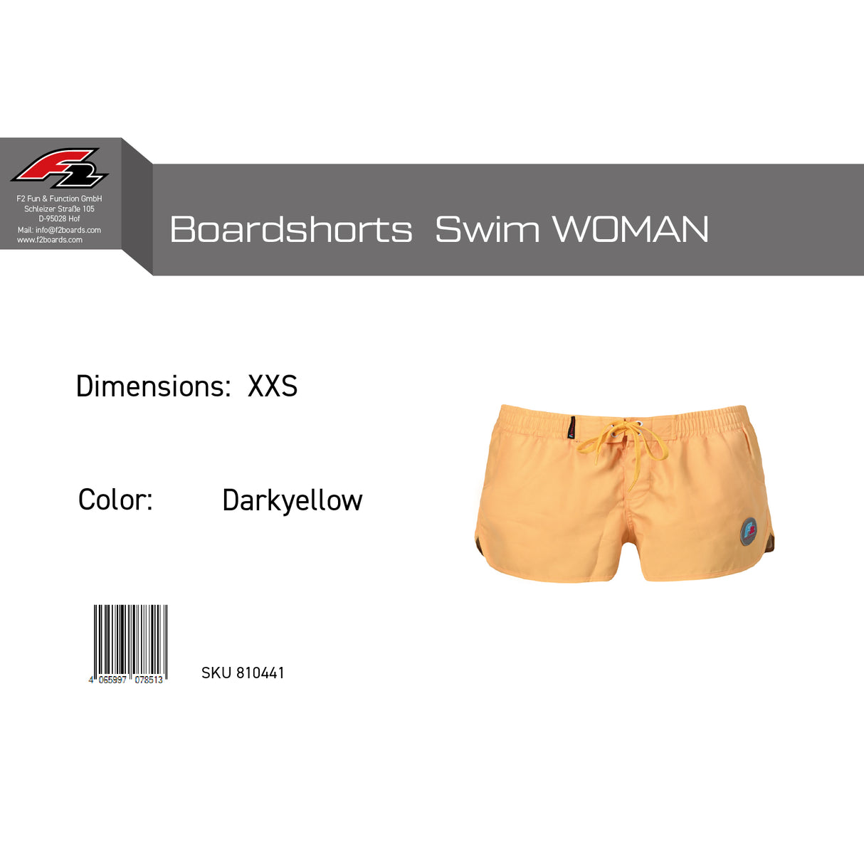F2 Retro Boardshorts Swim Damen Badeshorts Kurz Gelb - Größe wählbar