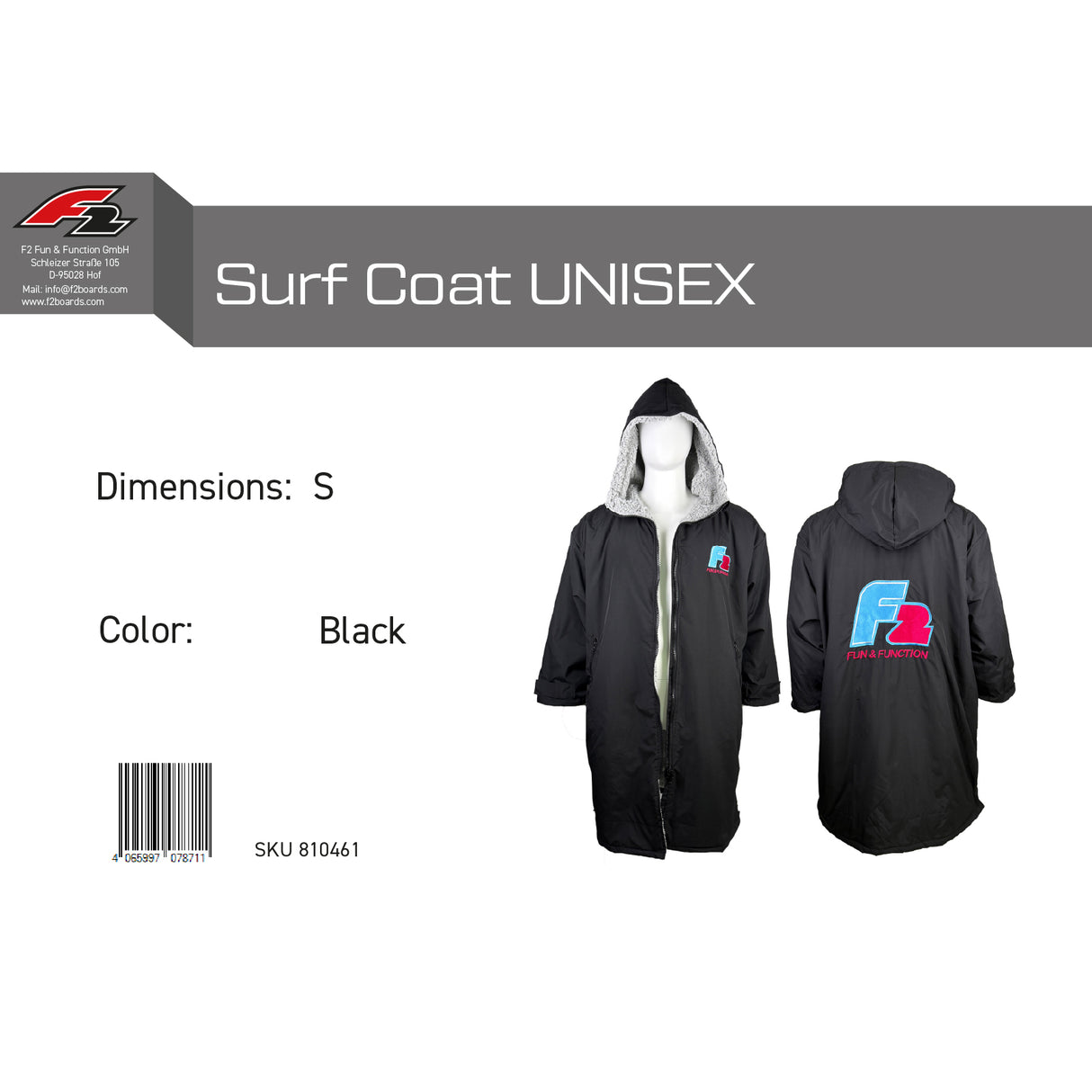 F2 Retro Surf Coat Unisex Poncho Jacke Schwarz - Größe wählbar