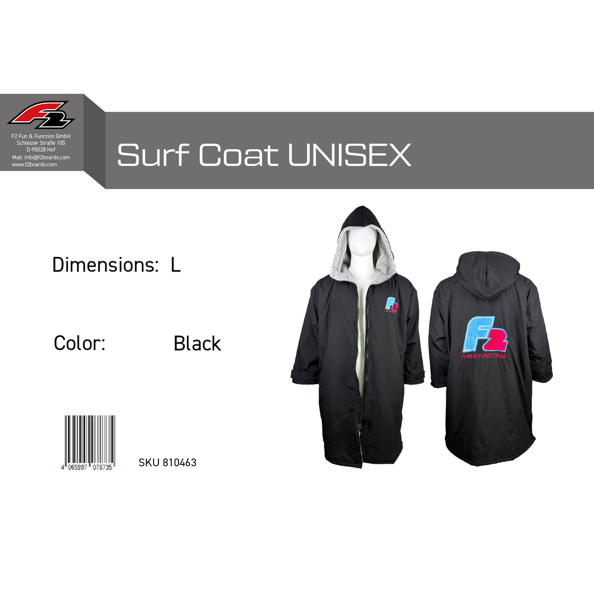 F2 Retro Surf Coat Unisex Poncho Jacke Schwarz - Größe wählbar