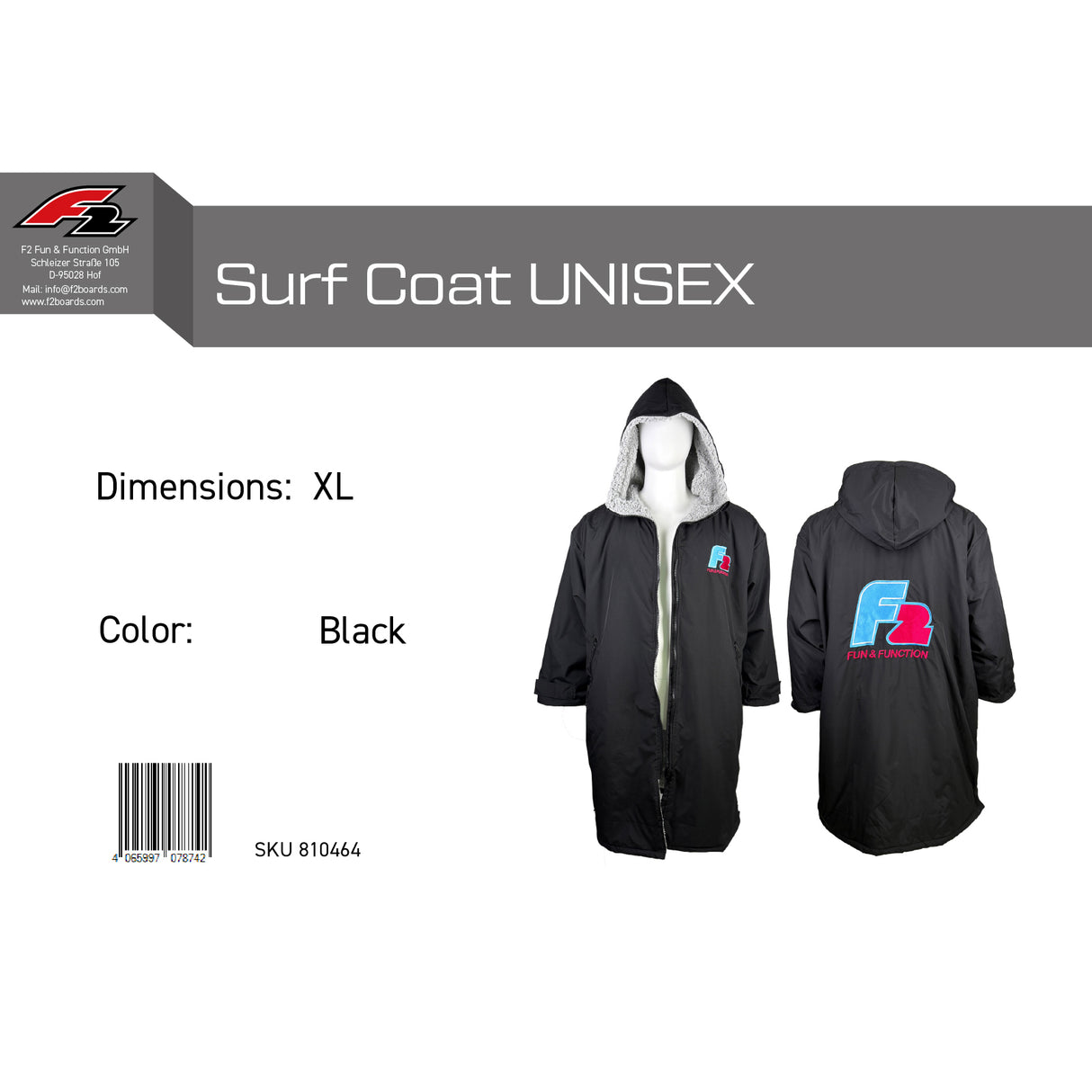 F2 Retro Surf Coat Unisex Poncho Jacke Schwarz - Größe wählbar