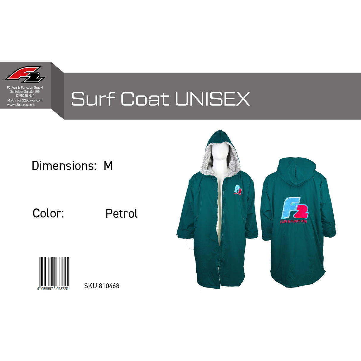 F2 Retro Surf Coat Unisex Poncho Jacke Petrol - Größe wählbar