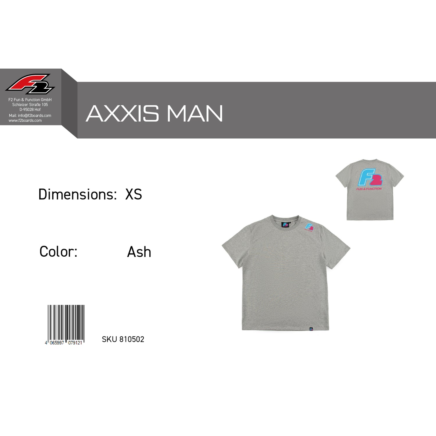F2  Retro T-Shirt Axxis Ash Unisex Tshirt Grau - Größe wählbar