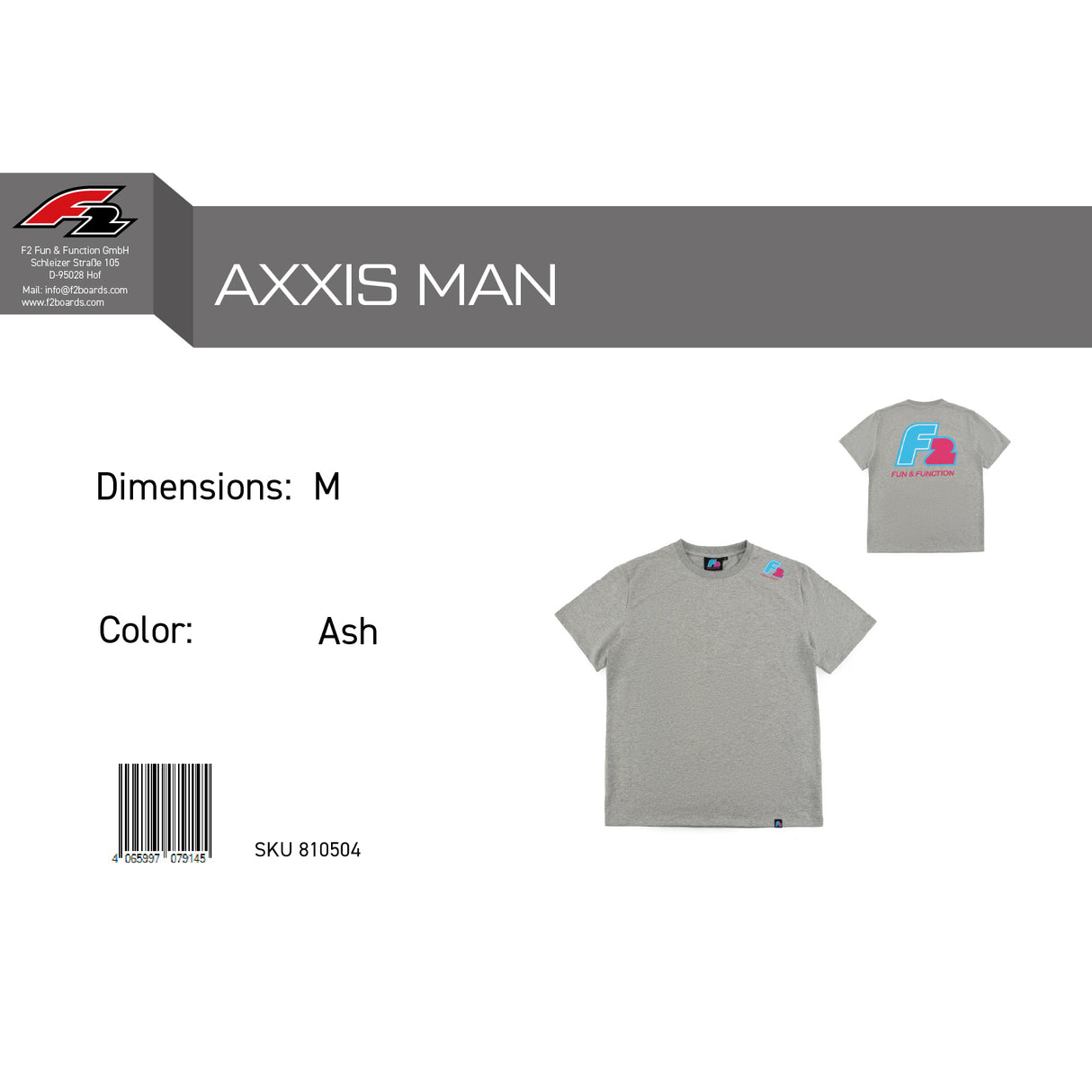 F2  Retro T-Shirt Axxis Ash Unisex Tshirt Grau - Größe wählbar