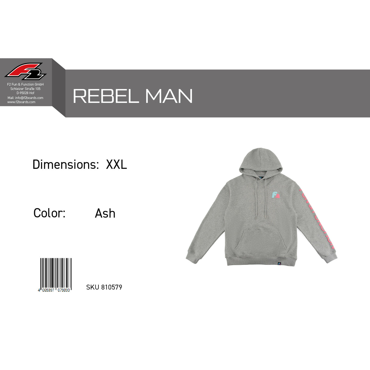 F2 Retro Rebel Hoodie Ash Sweatshirt Pullover Grau - Größe wählbar